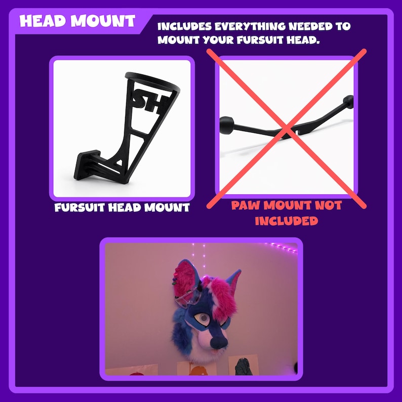 May include: A black fursuit head mount with the text "SH" on it. The image also includes a picture of a fursuit head and the text "Includes everything needed to mount your fursuit head."