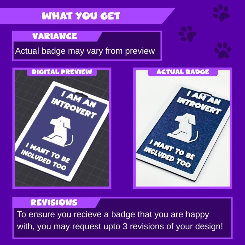 K&ouml;nnte beinhalten: Werbebild mit einem Abzeichen-Design. Das Abzeichen zeigt den Text "I AM AN INTROVERT" und "I WANT TO BE INCLUDED TOO" mit einer Hunde-Silhouette. Das Bild enth&auml;lt auch Text &uuml;ber Design-Revisionen.