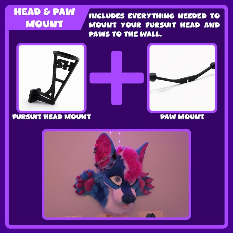May include: A black Fursuit Head Mount and Paw Mount set. The image includes a black bracket with the letters "SH" and a curved black bar. The image also shows a blue, pink, and white fursuit head and paws. Text on the image reads "HEAD & PAW MOUNT".