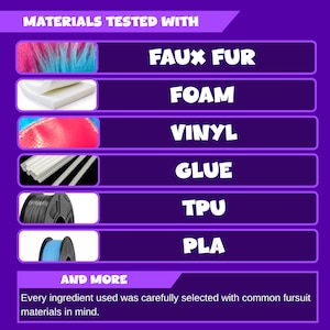 May include: A purple graphic with the text "MATERIALS TESTED WITH" and a list of materials including faux fur, foam, vinyl, glue, TPU, and PLA. The text "AND MORE" and a description of the materials are also included.