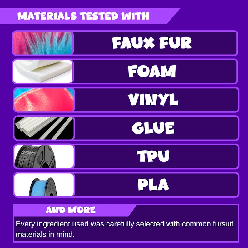 May include: A purple graphic with the text "MATERIALS TESTED WITH" and a list of materials including faux fur, foam, vinyl, glue, TPU, and PLA. The text "AND MORE" and a description of the materials are also included.