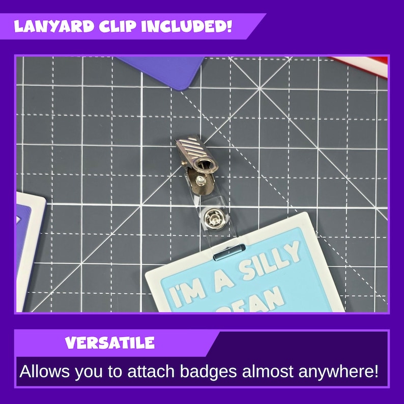 May include: A badge holder with a silver clip and a clear plastic strap. The badge reads "I'M A SILLY FAN" in light blue letters. The image also includes the text "LANYARD CLIP INCLUDED!" and "VERSATILE".