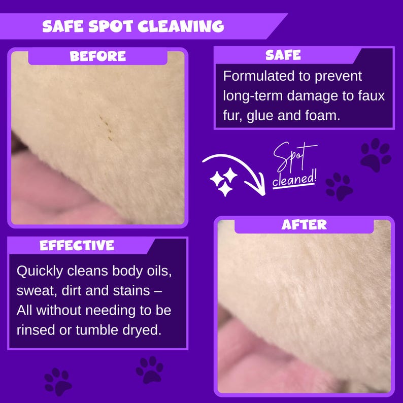May include: A purple informational graphic titled SAFE SPOT CLEANING featuring two beige faux fur panels labeled BEFORE and AFTER. Text states it is formulated to prevent damage to faux fur, glue, and foam, and cleans oils, sweat, dirt, and stains.