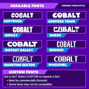 May include: A purple graphic with font options. The word "COBALT" is displayed in various styles, each with a different font name below, such as "COPYDUCK" and "COOPERS TOWN". The text "CHOOSE YOUR STYLE" is at the top.
