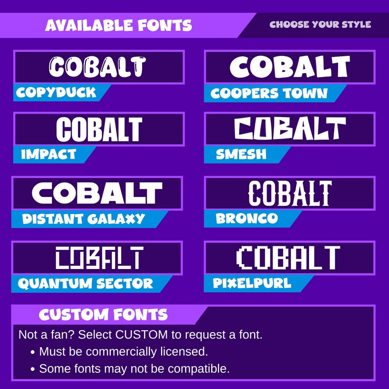 May include: A purple graphic with font options. The word "COBALT" is displayed in various styles, each with a different font name below, such as "COPYDUCK" and "COOPERS TOWN". The text "CHOOSE YOUR STYLE" is at the top.