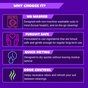 May include: A purple informational graphic titled WHY CHOOSE IT? featuring four sections: NO WASHER for non-machine washable items, FURSUIT SAFE for gentle ingredients, QUICK DRYING for residue-free results, and ODOR CONTROL to neutralize smells.