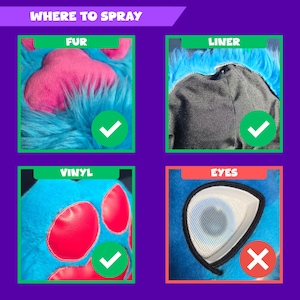 May include: A purple graphic with the text "WHERE TO SPRAY" at the top. Below are four boxes with images and text: FUR, LINER, VINYL, and EYES. The FUR, LINER, and VINYL boxes have a green checkmark, while the EYES box has a red X.
