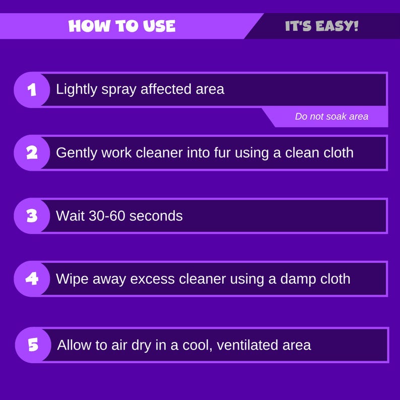 May include: A purple instructional graphic titled HOW TO USE IT'S EASY! with five numbered steps: 1. Lightly spray affected area (Do not soak area), 2. Gently work cleaner into fur using a clean cloth, 3. Wait 30-60 seconds, 4. Wipe away excess cleaner using a damp cloth, 5. Allow to air dry in a cool, ventilated area.