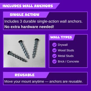 May include: Image of three silver screws with black tips, designed for wall mounting. The image includes text indicating the screws are single-action, reusable, and suitable for various wall types, including drywall and brick.