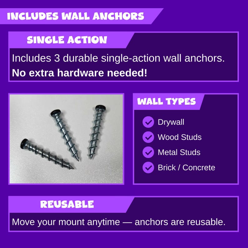May include: Image of three silver screws with black tips, designed for wall mounting. The image includes text indicating the screws are single-action, reusable, and suitable for various wall types, including drywall and brick.