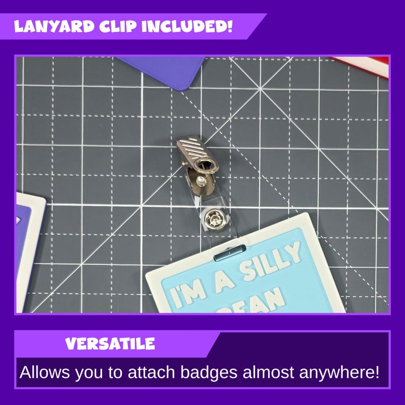 May include: A badge holder with a silver clip and a clear plastic strap. The badge reads "I'M A SILLY FAN" in light blue letters. The image also includes the text "LANYARD CLIP INCLUDED!" and "VERSATILE".