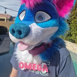 May include: A blue, white, and pink furry wolf head with large eyes and a pink tongue. The head has a pink collar with a tag that says "OMEGA" in pink letters. The fur is a mix of blue, white, and pink.