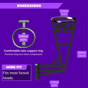 May include: Black metal fursuit head support with dimensions labeled in inches. The support includes a halo ring, a vertical support, and a mounting base. The text reads "Comfortable halo support ring" and "Fits most fursuit heads."
