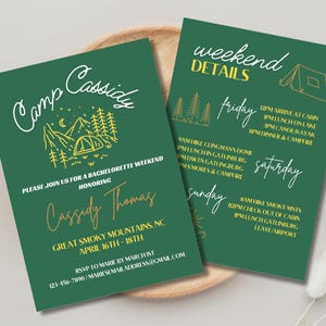 Uitnodiging vrijgezellenfeest kamp en reisroute digitale download - vrijgezellenfeest in hut - bewerken in canva