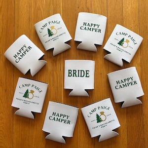 Camp Bachelorette Party Koozies: Bride & Happy Camper Can Coolers