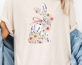 Camiseta de Pascua con conejito floral, camiseta de primavera con conejo en acuarela