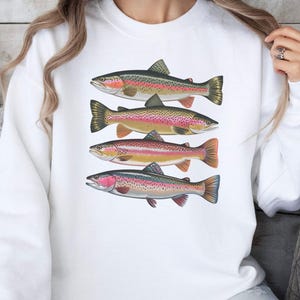 Abstract Colorful Trout In A Row Sweatshirt - River Fish Trout Species Outfit - Fly Fishing Gift - Boho Unisex Crewneck Sweatshirt