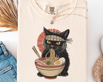 Camiseta de gato samurái ramen – Camiseta con gráficos de anime foodie