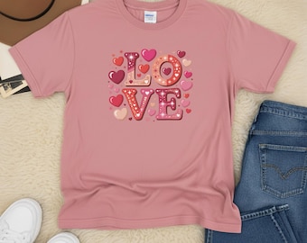 Camiseta con gráfico de corazón de amor de San Valentín, camiseta rosa de regalo romántico para mujer