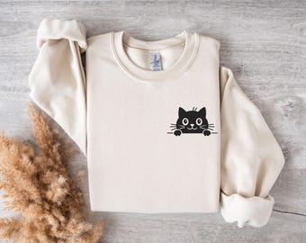 Bluza z haftowanym kotem podglądającym, unisexowy prezent dla miłośnika kotów