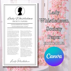 Lady Whistledown Society pappersutskrivbart, Bridgerton-mall High Society, Canva-mall, PDF