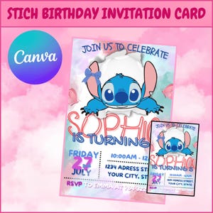 Stitch Birthday Party Invitation Template | Editable Cartoon Bday Evite & Fun Canva Design for Kids Party, Instant Download | Canva Template