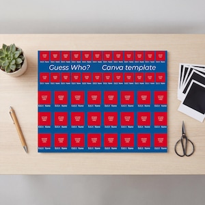 Peut inclure: Un jeu de société "Guess Who? Canva template" bleu avec des carrés rouges pour les photos et le texte. Le tableau comprend le texte "Guess Who?" et "Canva template". Un stylo, des ciseaux, une plante succulente et des photos sont sur la surface en bois.