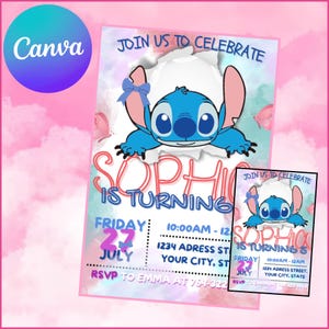 Stitch Birthday Party Invitation Template | Editable Cartoon Bday Evite & Fun Canva Design for Kids Party, Instant Download | Canva Template