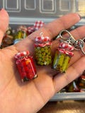 Miniature glass vial realistic pickle jar as a keychain, earrings, magnets or as dollhouse decor