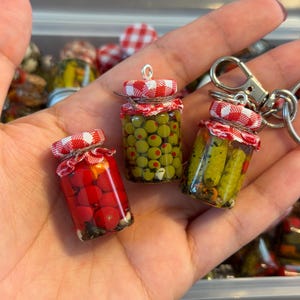Miniature glass vial realistic pickle jar as a keychain, earrings, magnets or as dollhouse decor