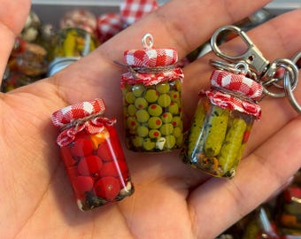 Miniature glass vial realistic pickle jar as a keychain, earrings, magnets or as dollhouse decor