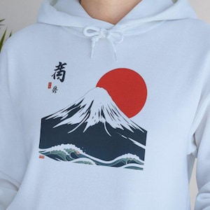 Japanese Mount Fuji Hoodie, Unisex Streetwear Pullover, Gift for Her, Fuji Mountain Graphic Sweatshirt, Japanese Inspired Hooded Jumper