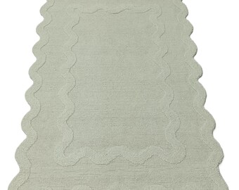 Hand Tufted Wool Scalloped Rug, Cream Organic Modern Area Carpet