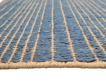 Hand Loomed Jute Runner Rug: Blue & Beige Boho Hemp Area Rug