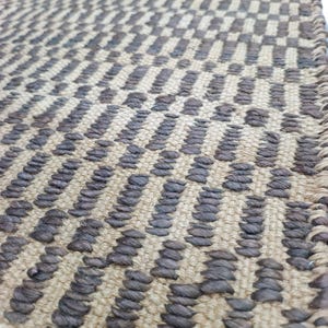 Peut inclure: Un tapis tissé avec un motif répétitif de carrés gris foncé et beiges. Le tapis a une surface texturée et une palette de couleurs neutres, adaptée à divers styles d'intérieur. Le design du tapis est géométrique et moderne.