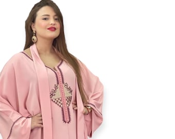 Modern Moroccan Caftan in Flowing Fabric - Chic Abaya with Handmade Embroidery - Dress for Aid