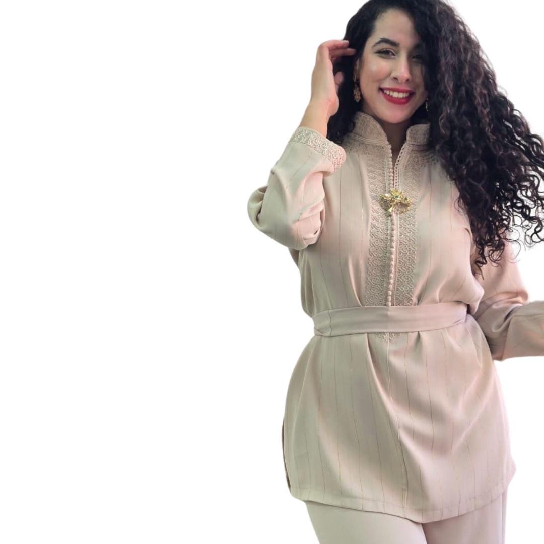 Jabador Women's Elegant - Chic Traditional Moroccan Set with Embroidery and Belt | Modern Oriental Outfit Size M.L.XL