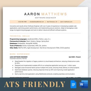 May include: A black and white resume template with the text "ATS Friendly" in bold, white letters. The resume is for a software engineer named Aaron Matthews. It lists his contact information, technical skills, work experience, and other skills.