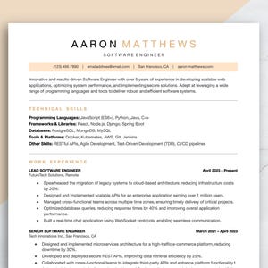 May include: A resume for a Software Engineer named Aaron Matthews. The resume lists his technical skills, work experience, and contact information.