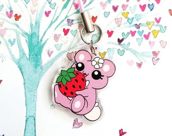 Cute Chibi Strawberry Bear Phone Charm or Keychain (Double-sided, 1 inch, Clear Acrylic)