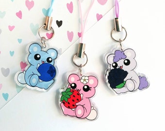 Set of 3 Cute Chibi Bears with Fruit (Strawberry, Blueberry, Blackberry) Phone Charms or Keychains (Double-sided, 1", Clear Acrylic)