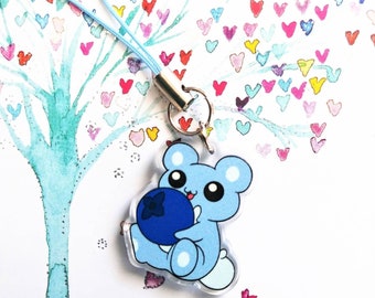 Cute Chibi Blueberry Bear Phone Charm or Keychain (Double-sided, 1", Clear Acrylic)