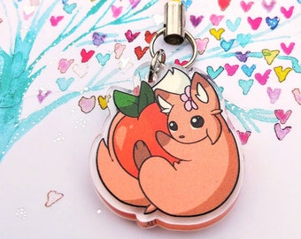 Cute Fluffy Fox with Peach Phone Charm or Keychain (Double-sided, 1", Clear Acrylic)