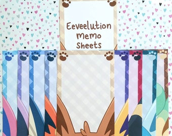 4x6" Eeveelution Memo Sheets (Eevee, Vaporeon, Flareon, Jolteon, Espeon, Umbreon, Glaceon, Leafeon, Sylveon), Pokemon Stationery