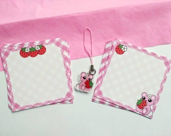 Cute Strawberry Bear Memo and Charm Stationery Gift Pack, 18 3x3" Memo Sheets + 1 Acrylic Charm