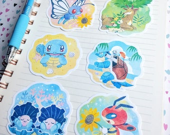 Pokemon Go Stickers: Summer 2023 Set (Squirtle, Blastoise, Butterfree, Sawsbuck, Ledian, Clampearl), Pokemon Stickers