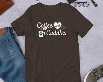 Coffee & Cuddles Cozy T-Shirt, Cat Lover Shirt, Dog Lover Shirt, Coffee Lover Shirt, Cat Mom/Dad Shirt, Dog Mom/Dad Shirt, Pet Parent Gift