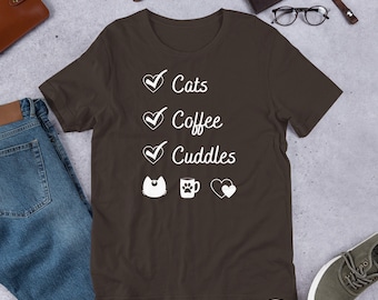 Cats Coffee & Cuddles Cozy T-Shirt, Cat Shirt, Cat Lover Shirt, Cat Mom/Dad Shirt, Cat Lover Gift, Cat Mom/Dad Gift, Coffee Lover Shirt