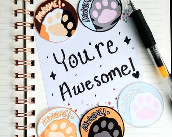 Cute "Pawsome" Cat Paw Toe Beans Sticker Pack (Calico, Gray Tabby, Orange Tabby, Black, White) Weatherproof Matte Stickers