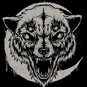 May include: A black and white illustration of a wolf's head with three eyes, a large mouth, and sharp teeth. The wolf's head is set against a background of a crescent moon with a grunge effect.